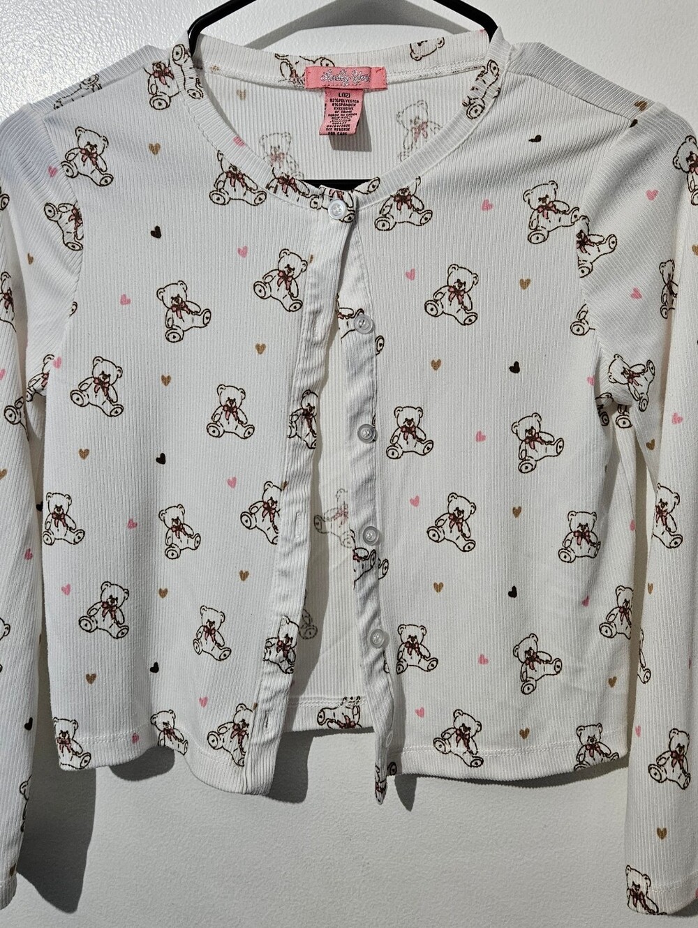 Lucky You Girls White Long-Sleeve Teddy Bear Button-Front Cardigan